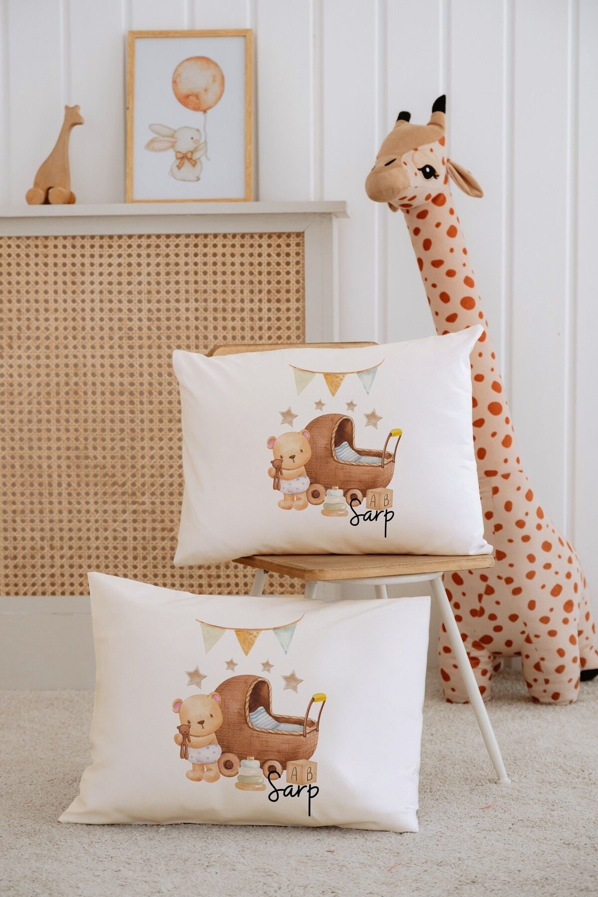 %100 Pamuk İsme Özel 2li Ekru Bebek Yastık Kılıfı 35x45 cm-Ayıcık