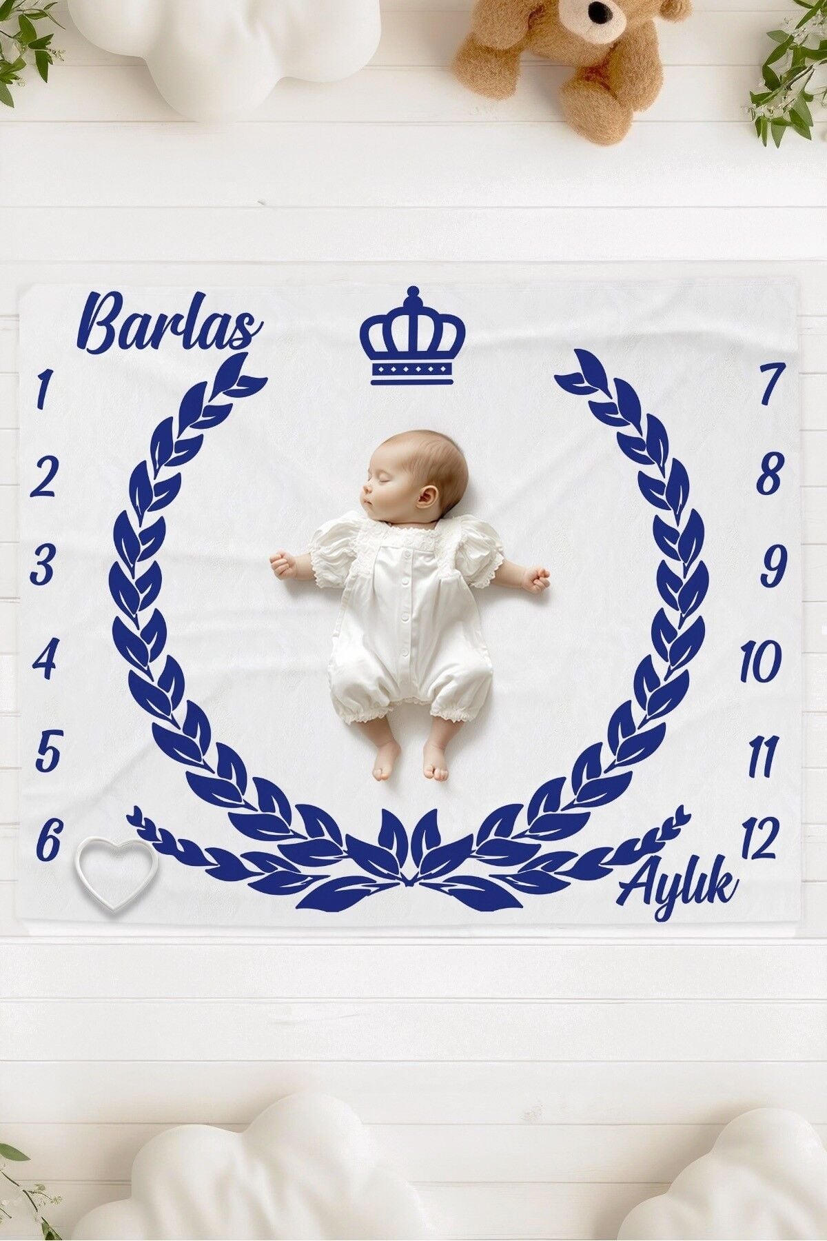 %100 Pamuk İsme Özel Bebek Fotoğraf Çekim Anı Örtüsü (120x100 cm) Mavi Çelenk