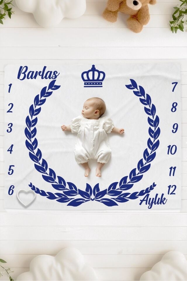 %100 Pamuk İsme Özel Bebek Fotoğraf Çekim Anı Örtüsü (120x100 cm) Mavi Çelenk