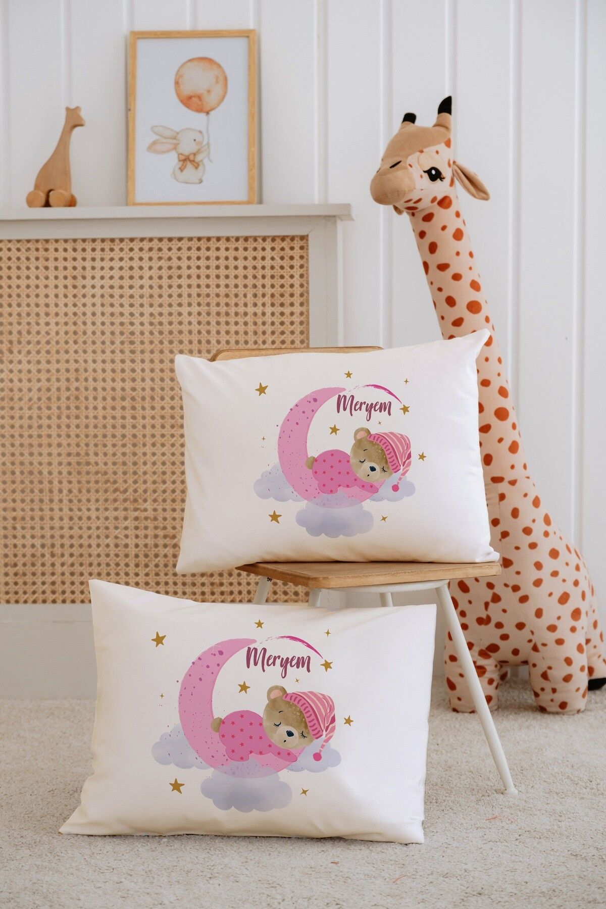 %100 Pamuk İsme Özel 2li Ekru Bebek Yastık Kılıfı 35x45 cm-Ayıcık