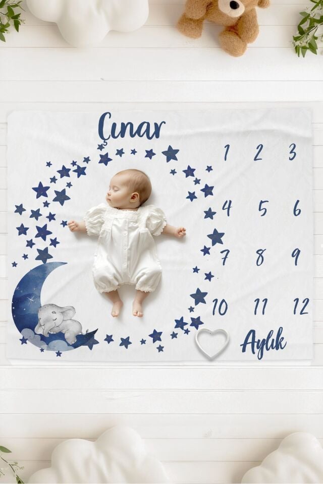 %100 Pamuk İsme Özel Bebek Fotoğraf Çekim Anı Örtüsü (120x100 cm) Mavi Fil