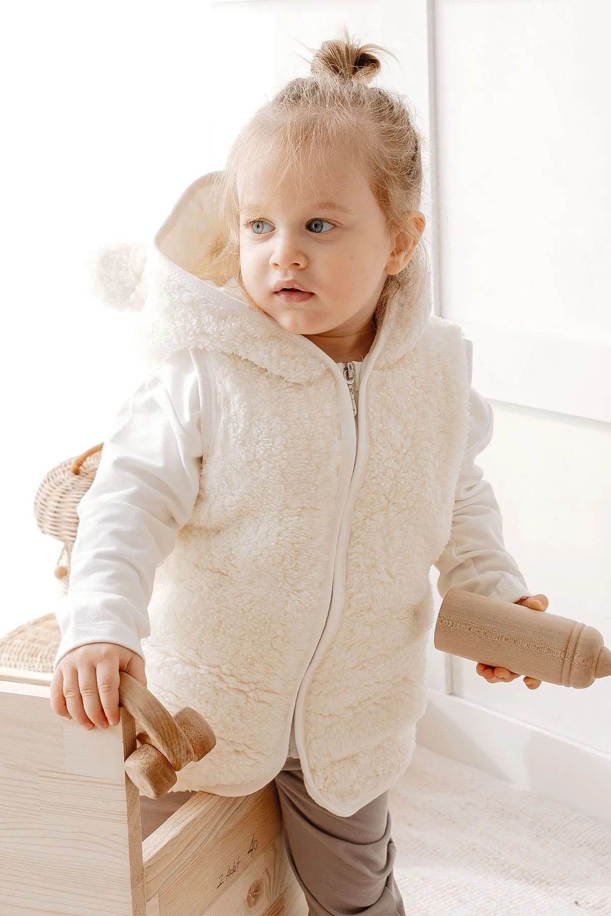 Kapüşonlu Teddy Çocuk Yelek Astarlı Ekru