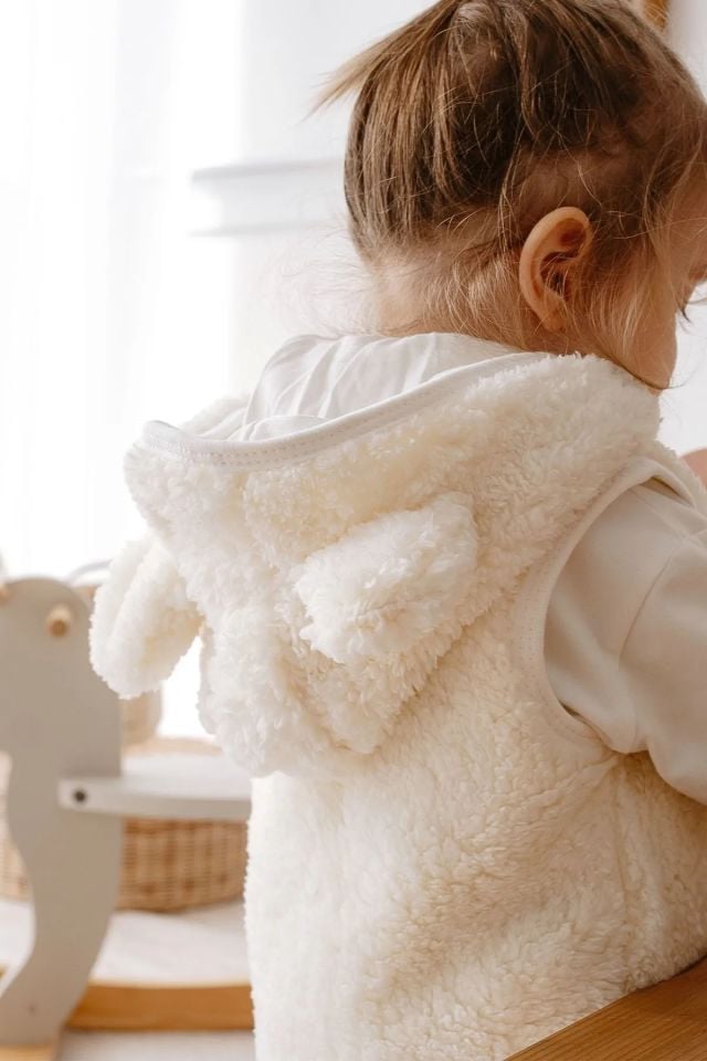 Kapüşonlu Teddy Çocuk Yelek Astarlı Ekru