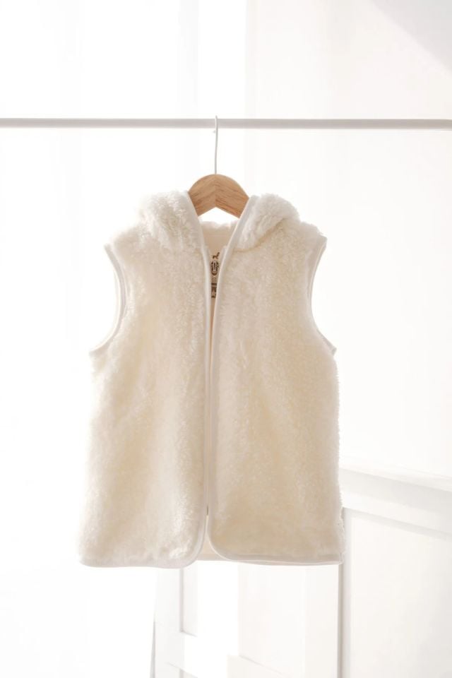 Kapüşonlu Teddy Çocuk Yelek Astarlı Ekru