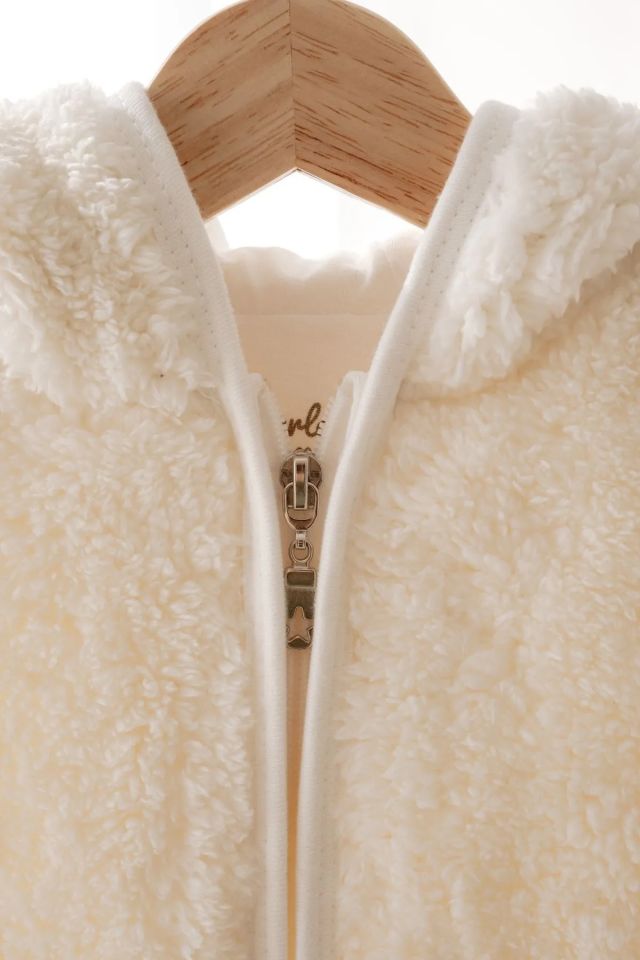 Kapüşonlu Teddy Çocuk Yelek Astarlı Ekru