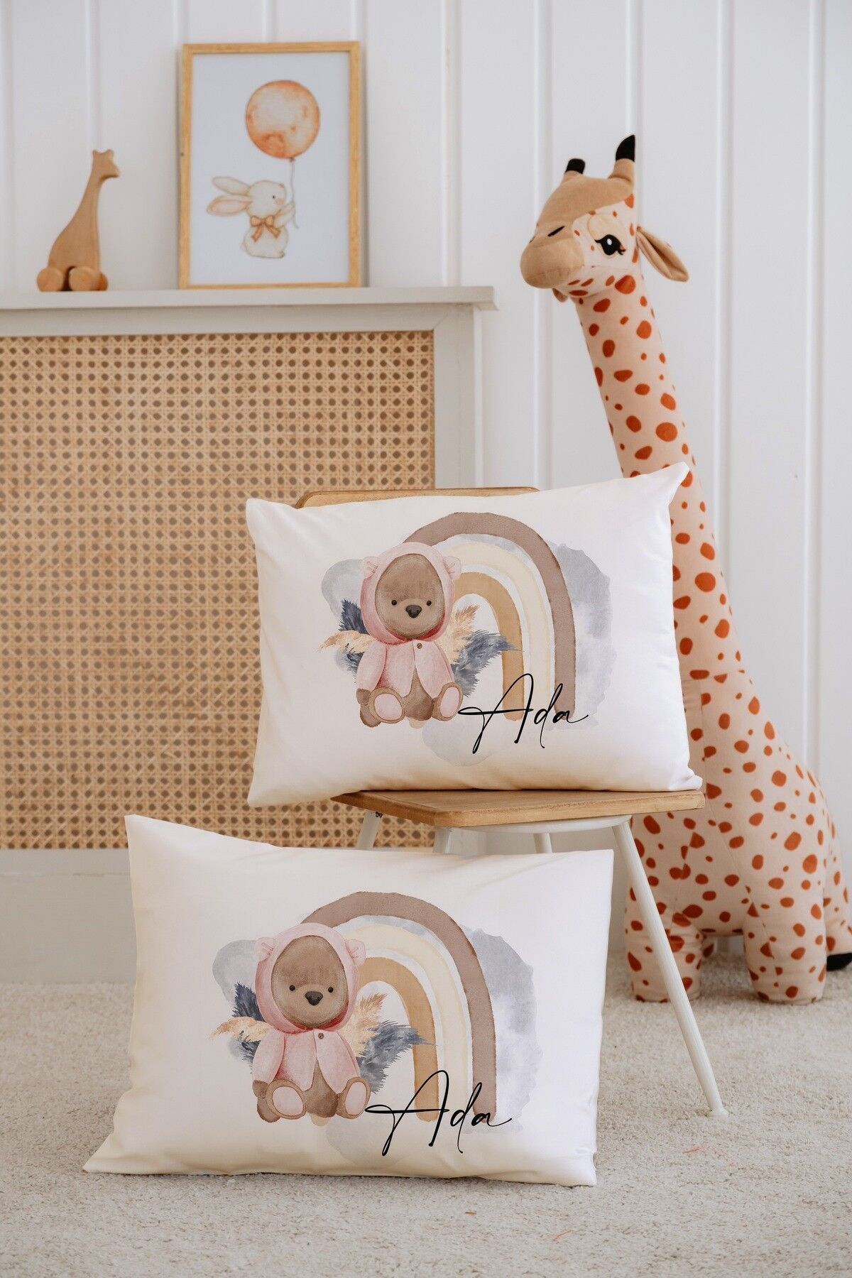 %100 Pamuk İsme Özel 2li Ekru Bebek Yastık Kılıfı 35x45 cm-Ayıcık