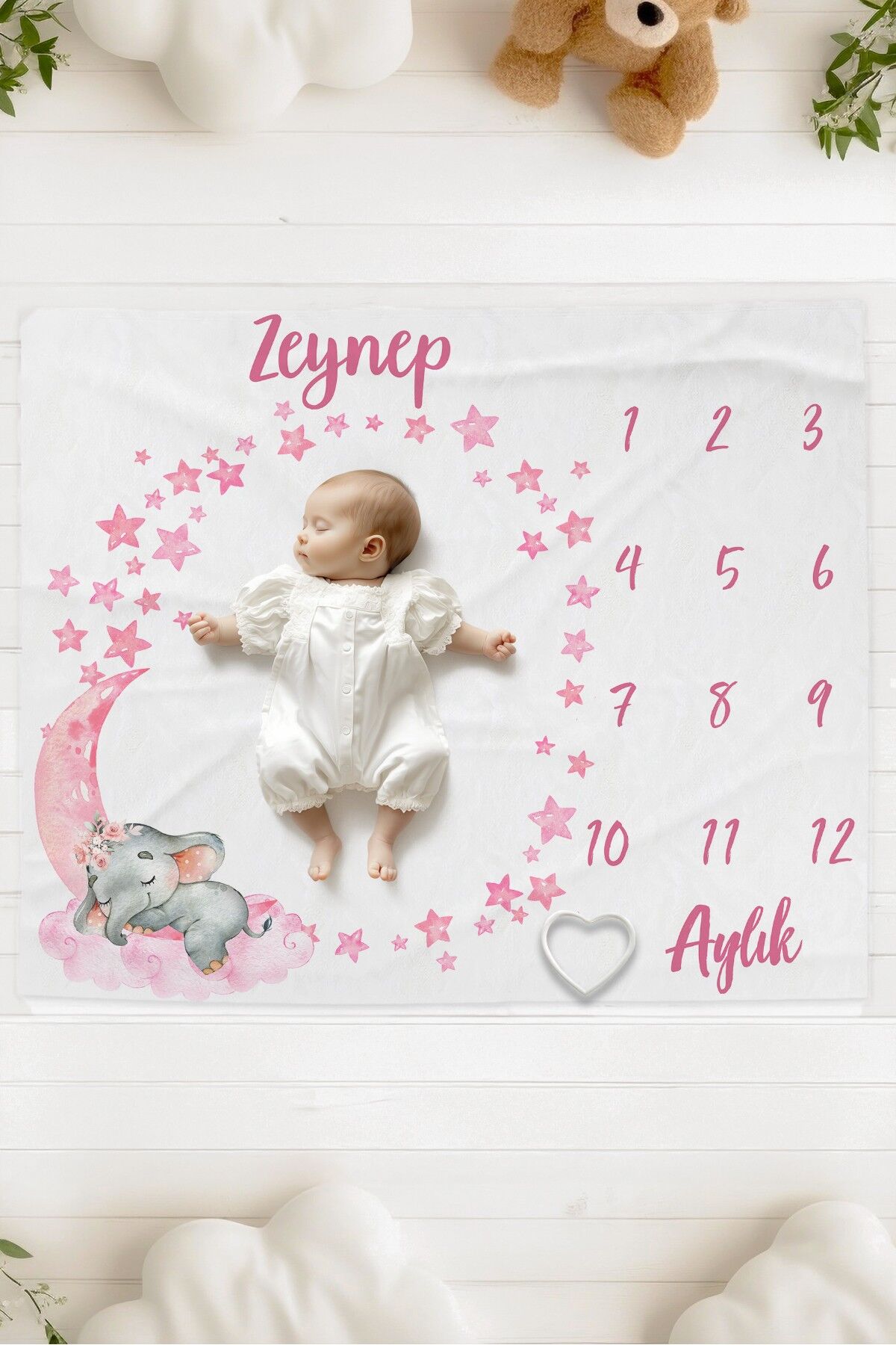 %100 Pamuk İsme Özel Bebek Fotoğraf Çekim Anı Örtüsü (120x100 cm) Pembe Fil