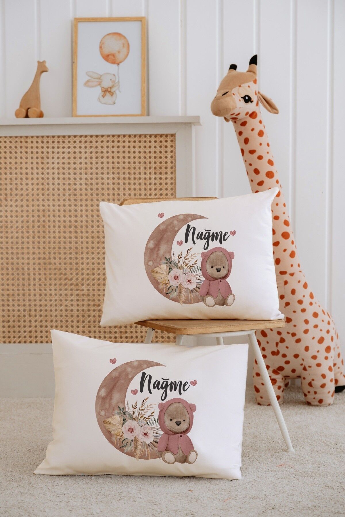 %100 Pamuk İsme Özel 2li Ekru Bebek Yastık Kılıfı 35x45 cm-Ayıcık