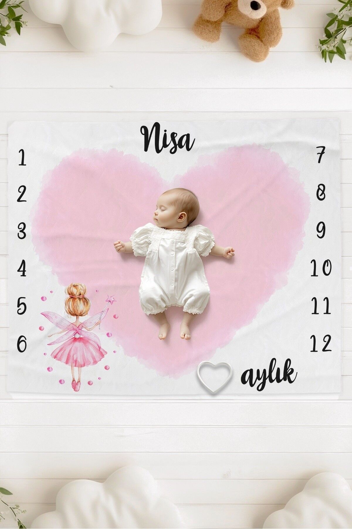 %100 Pamuk İsme Özel Bebek Fotoğraf Çekim Anı Örtüsü (120x100 cm) Peri Kızı