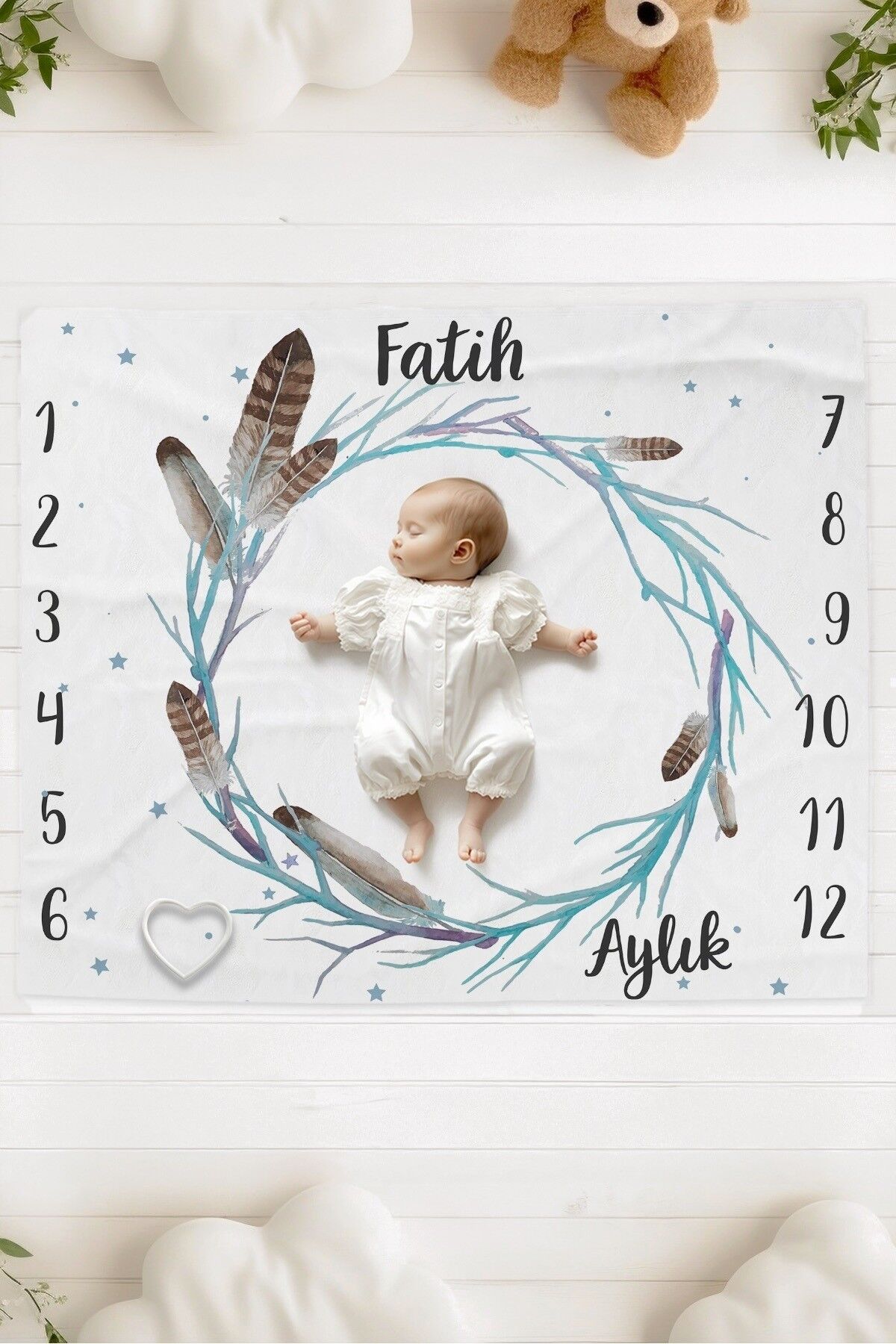 %100 Pamuk İsme Özel Bebek Fotoğraf Çekim Anı Örtüsü (120x100 cm) Mavi Tüy