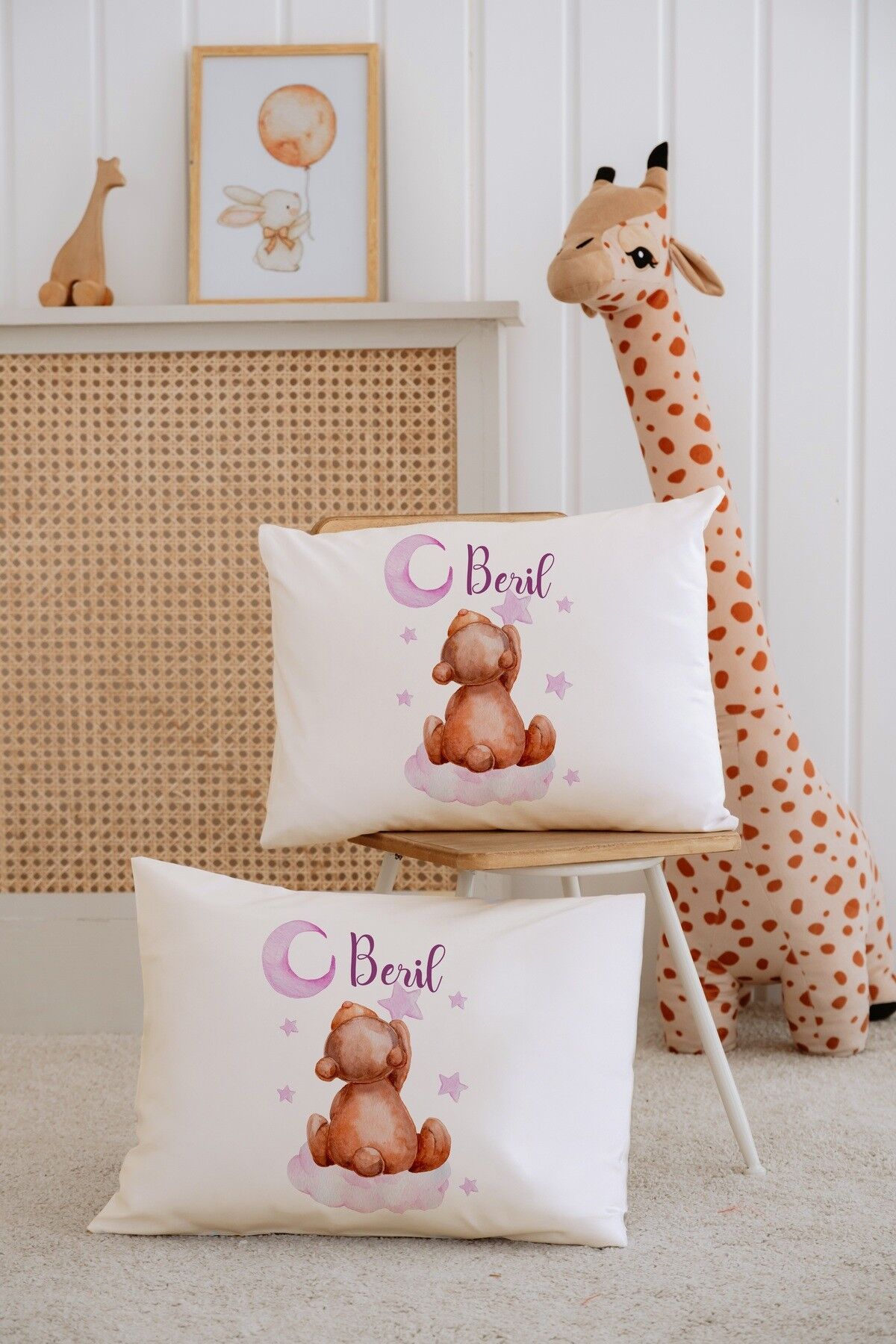 %100 Pamuk İsme Özel 2li Ekru Bebek Yastık Kılıfı 35x45 cm-Ayıcık
