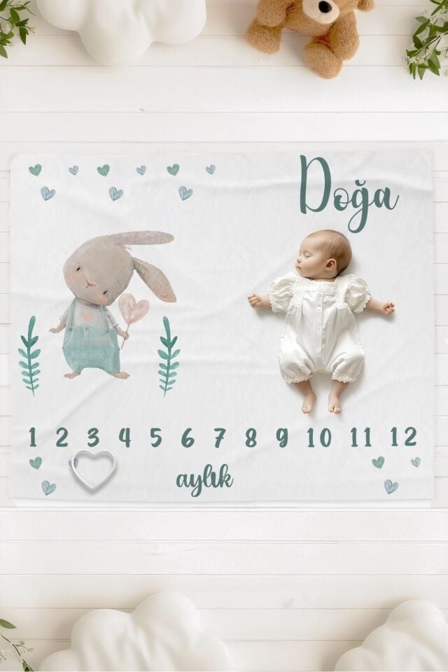 %100 Pamuk İsme Özel Bebek Fotoğraf Çekim Anı Örtüsü (120x100 cm) Yeşil Tavşan