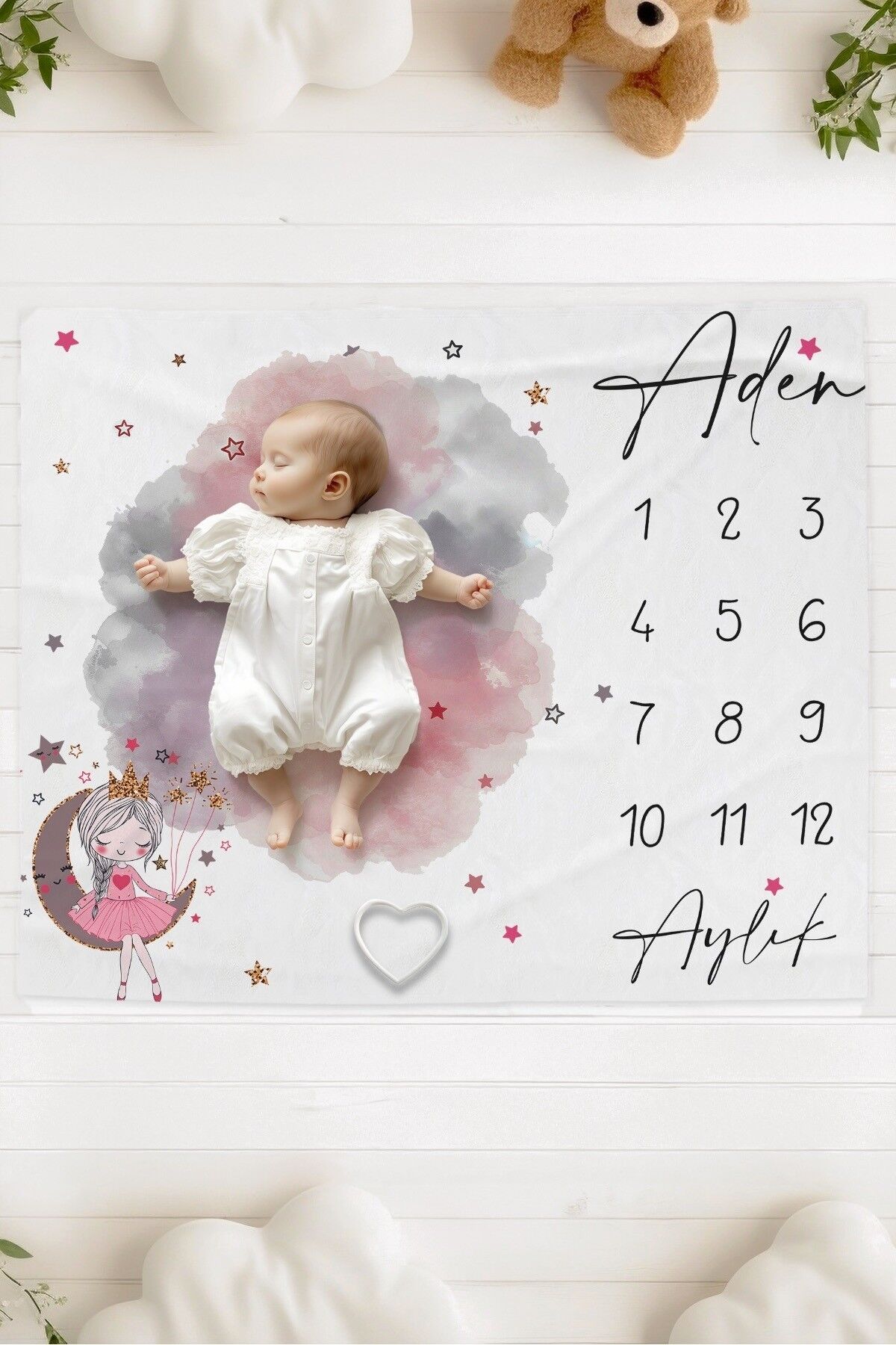 %100 Pamuk İsme Özel Bebek Fotoğraf Çekim Anı Örtüsü (120x100 cm) Aydaki Kız