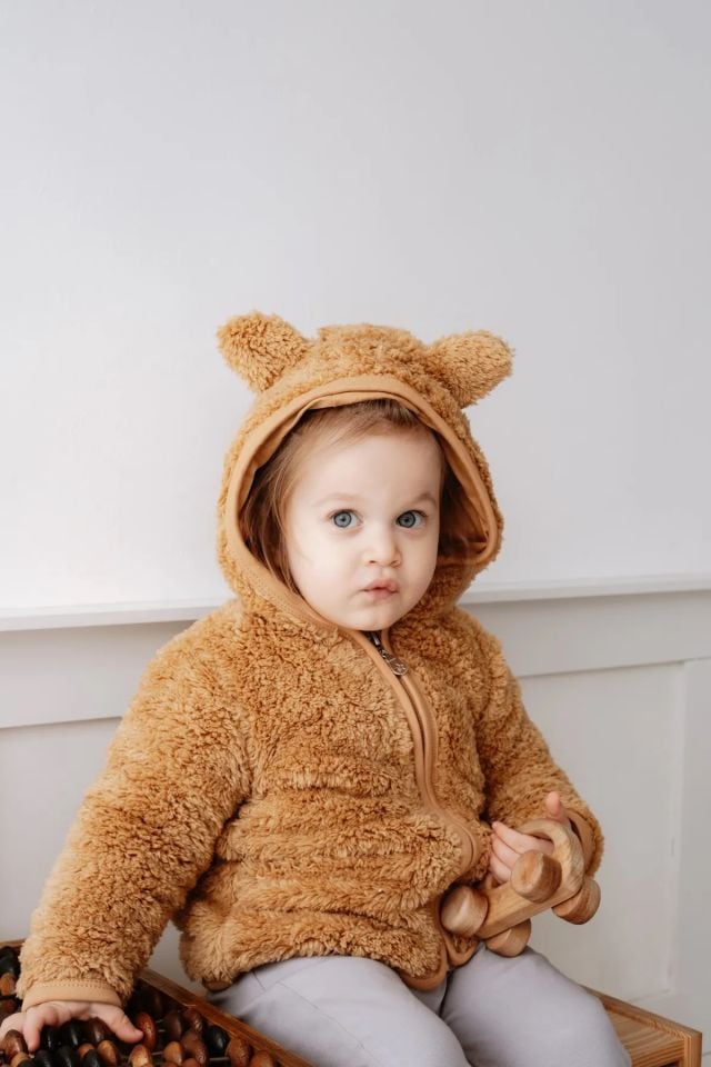 Kahverengi Fermuarlı Teddy Kulaklı Astarlı Hırka Ceket
