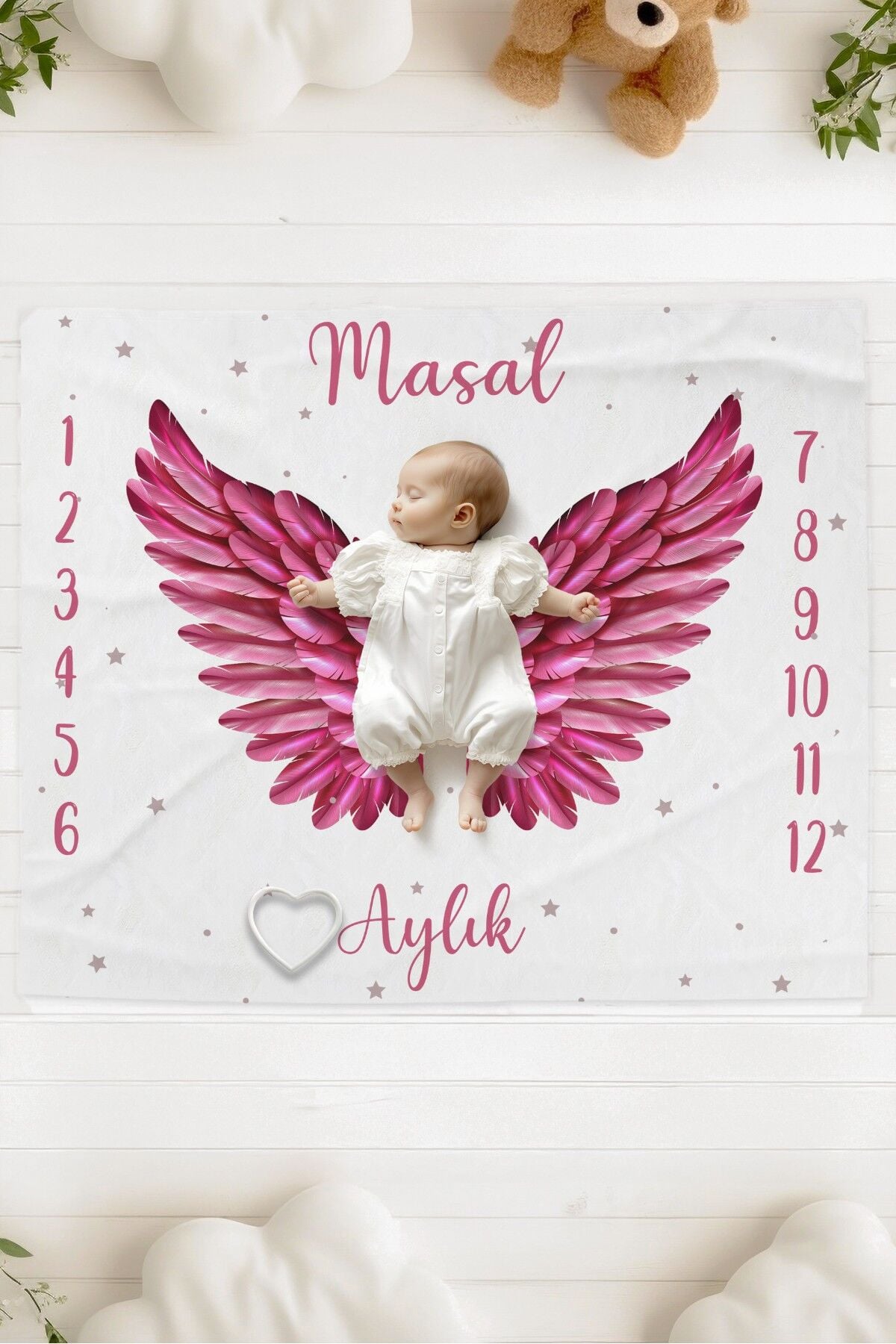 %100 Pamuk İsme Özel Bebek Fotoğraf Çekim Anı Örtüsü (120x100 cm) Pembe Kanat