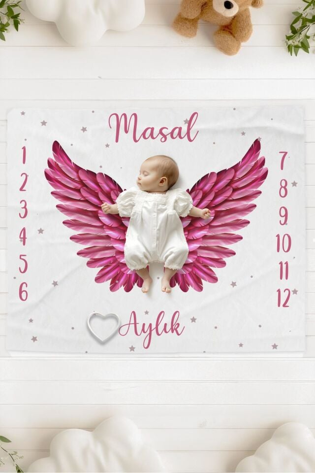 %100 Pamuk İsme Özel Bebek Fotoğraf Çekim Anı Örtüsü (120x100 cm) Pembe Kanat