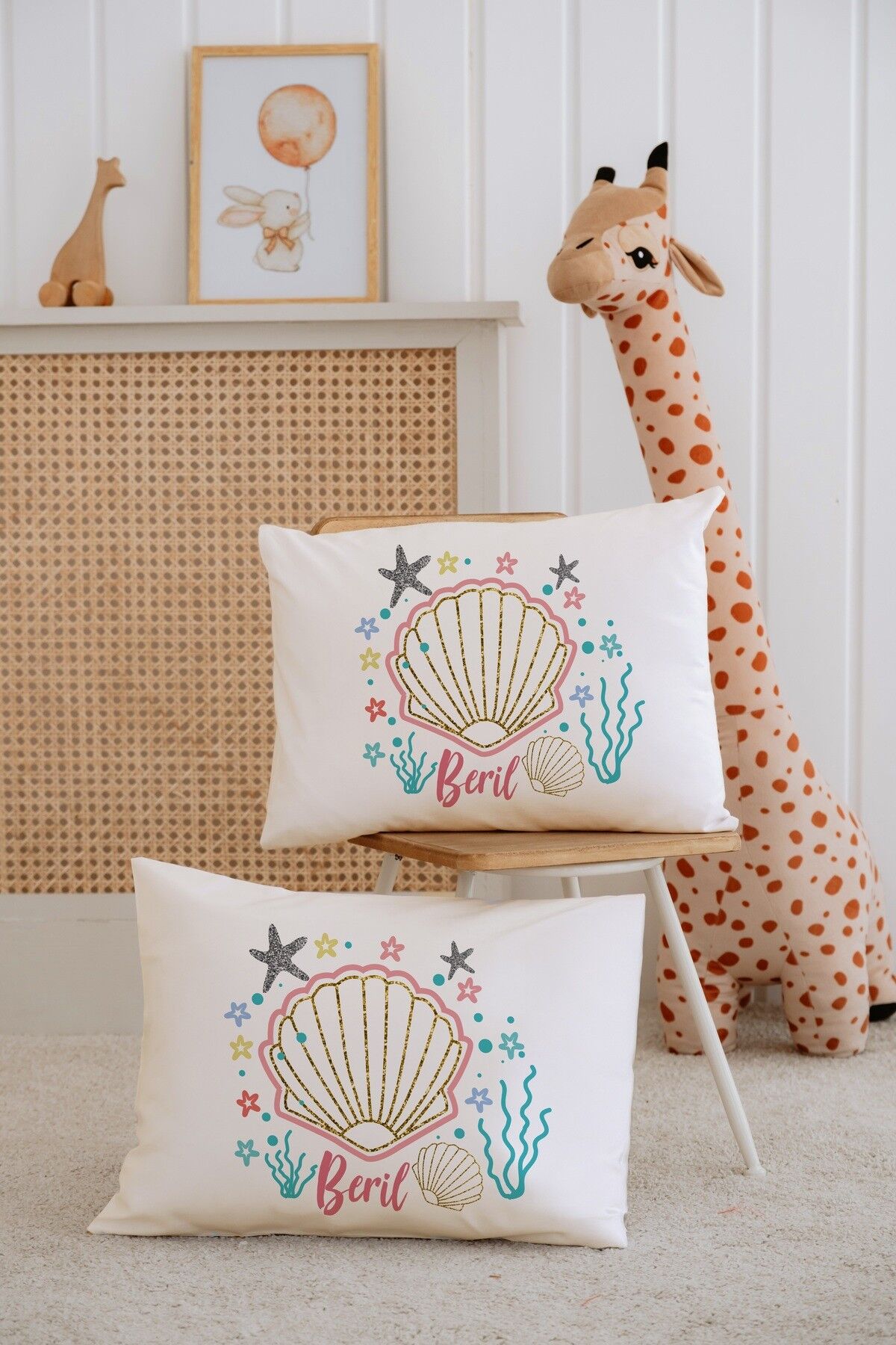 %100 Pamuk İsme Özel 2li Ekru Bebek Yastık Kılıfı 35x45 cm-Deniz Yıldızı