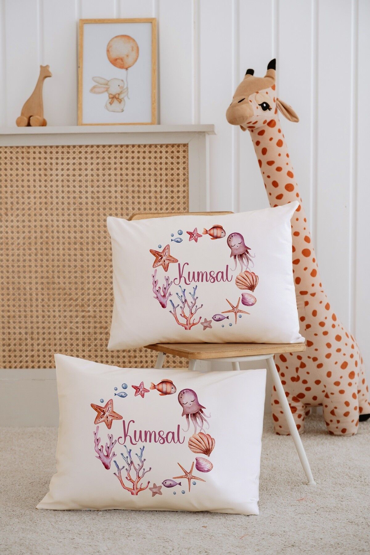 %100 Pamuk İsme Özel 2li Ekru Bebek Yastık Kılıfı 35x45 cm-Deniz Canlıları