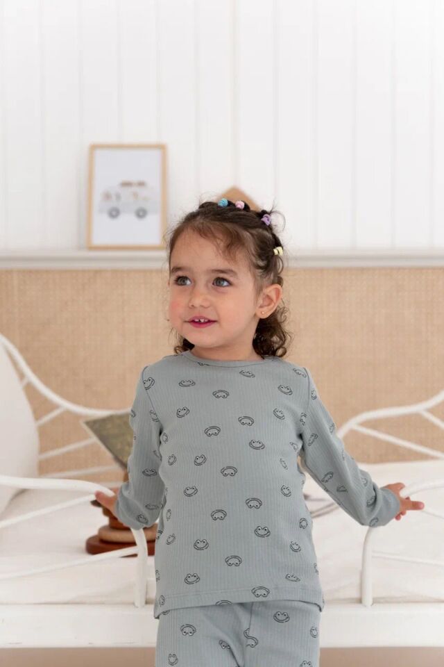%100 Pamuk Desenli Kız Çocuk Pijama Takımı 5 YAŞ - Haki