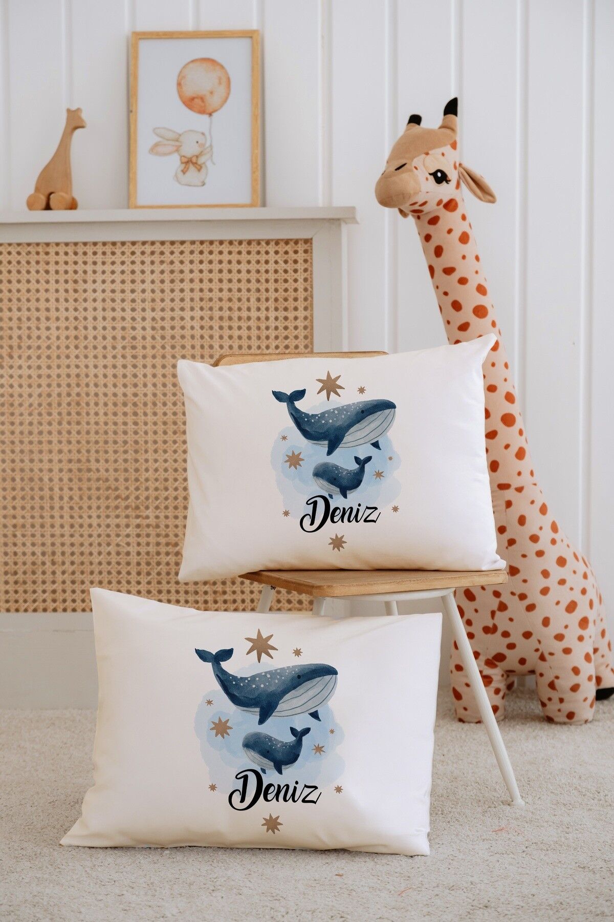 %100 Pamuk İsme Özel 2li Ekru Bebek Yastık Kılıfı 35x45 cm-Balinalar
