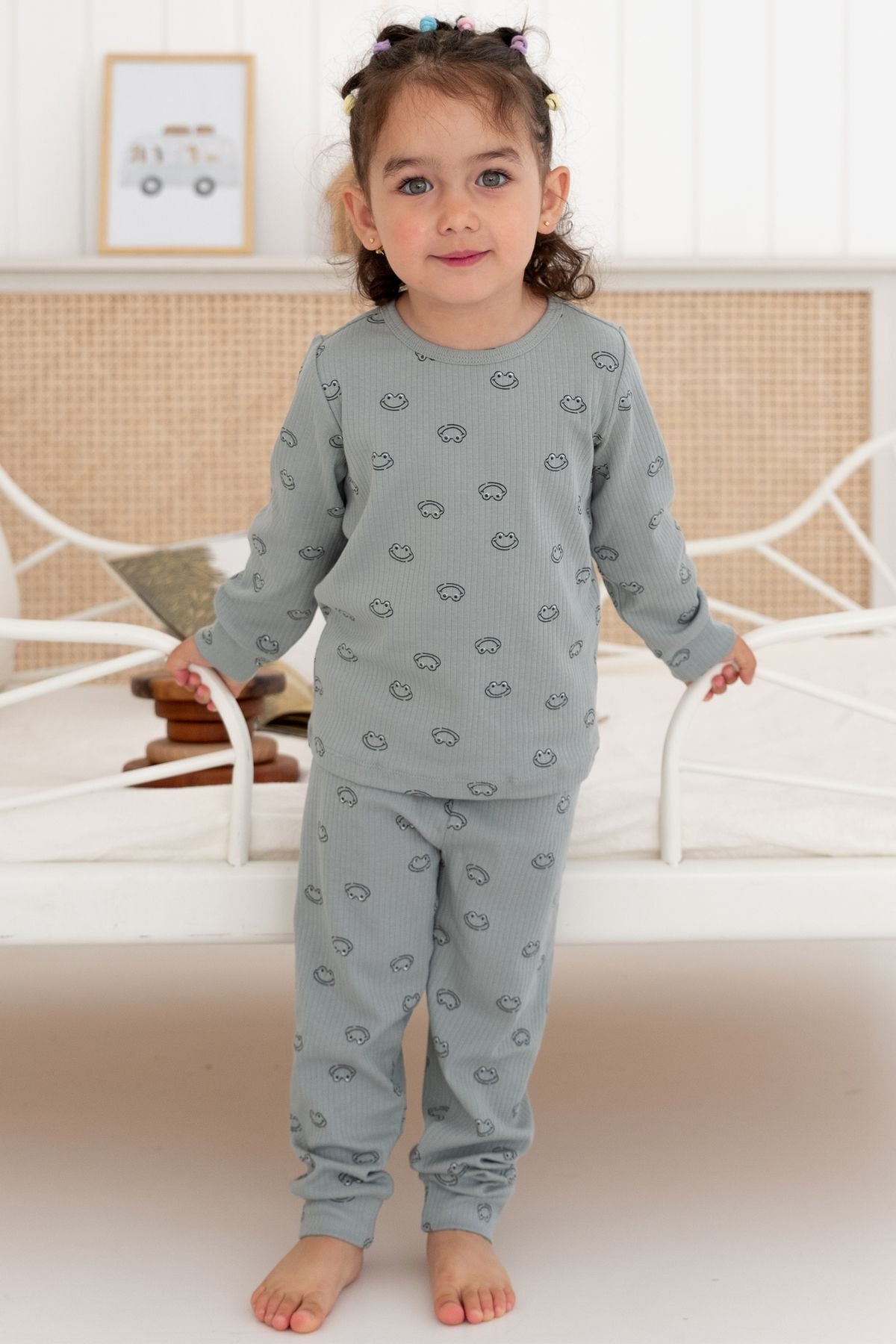 %100 Pamuk Desenli Kız Çocuk Pijama Takımı 3 YAŞ - Haki