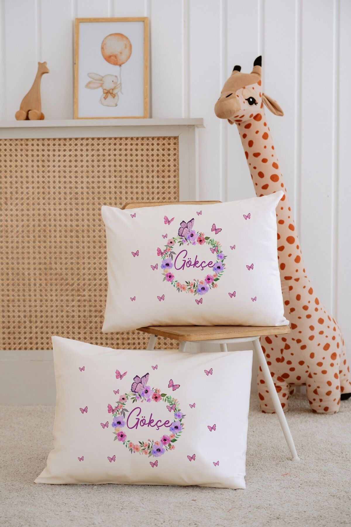 %100 Pamuk İsme Özel 2li Ekru Bebek Yastık Kılıfı 35x45 cm-Çiçek Çemberi