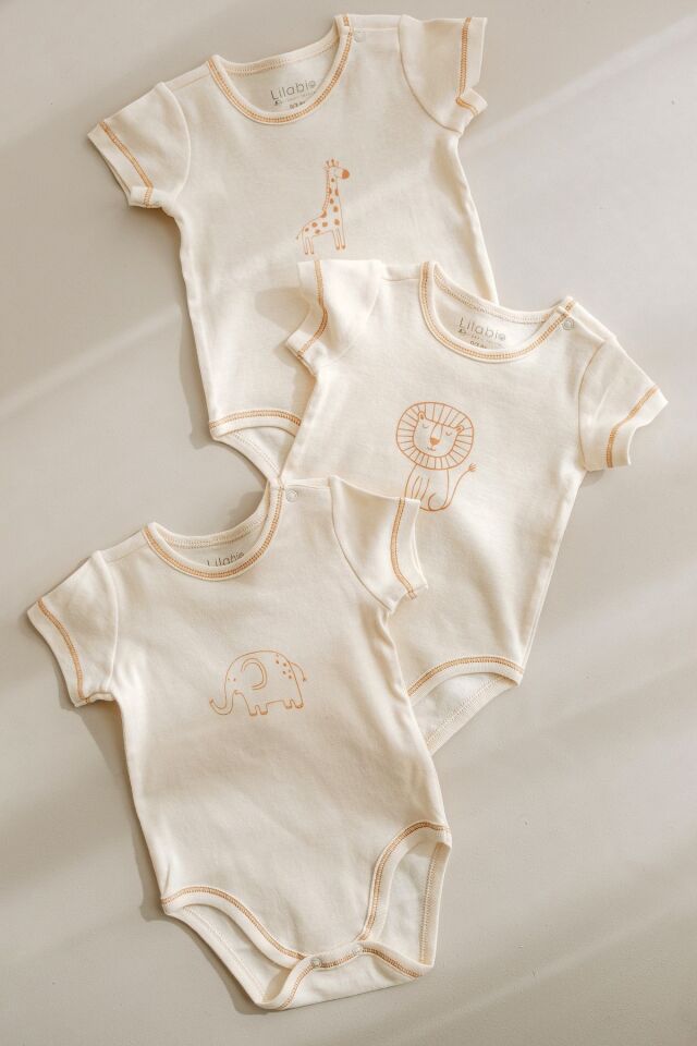 %100 Ham Organik Pamuk 3lü Kısa Kollu Bebek Body Animal 3-6 AY - Ekru