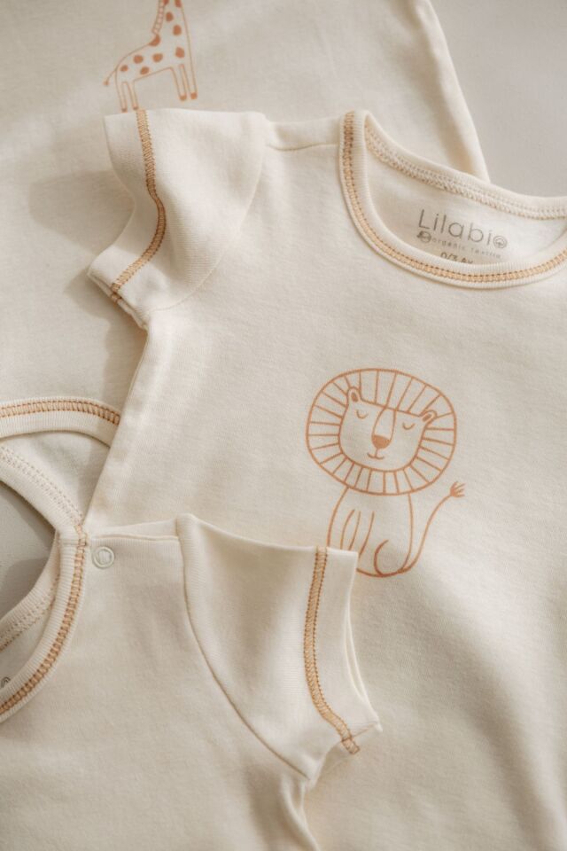 %100 Ham Organik Pamuk 3lü Kısa Kollu Bebek Body Animal 3-6 AY - Ekru