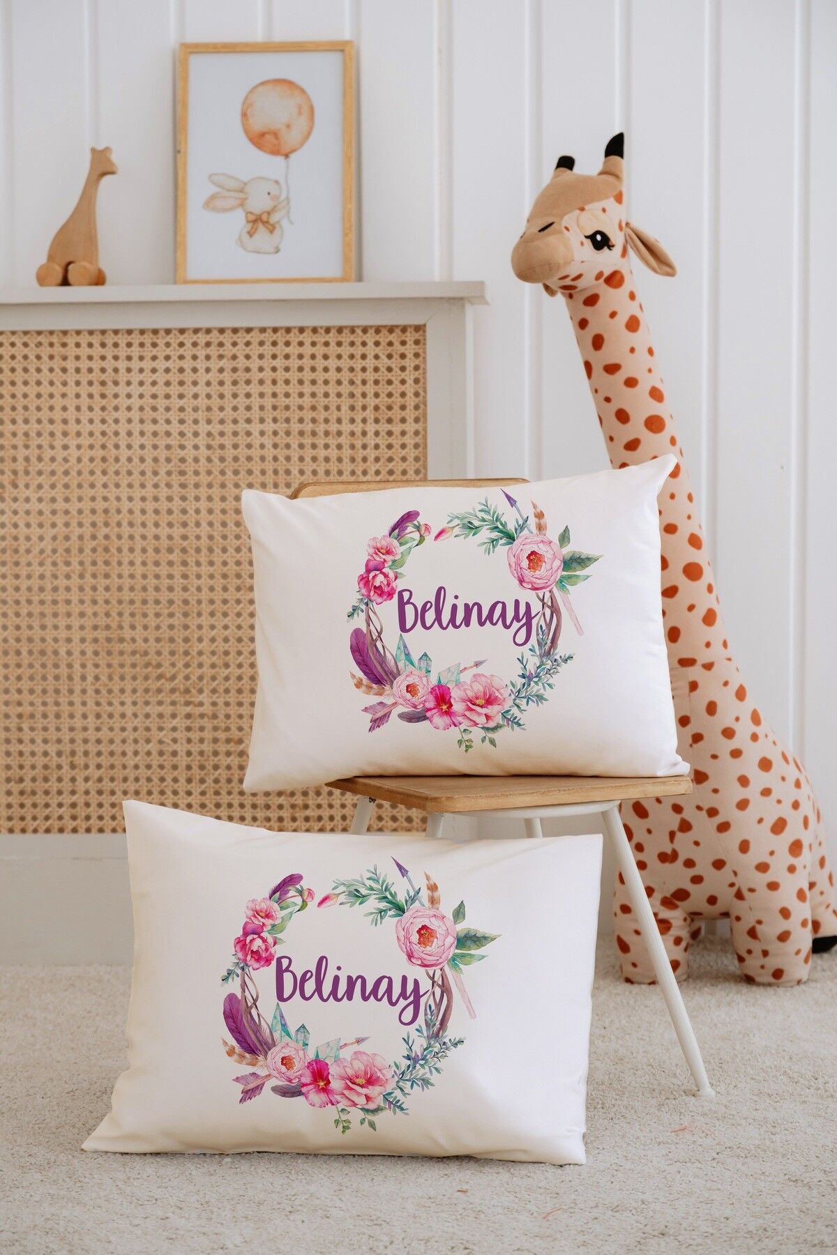 %100 Pamuk İsme Özel 2li Ekru Bebek Yastık Kılıfı 35x45 cm-Çiçek Çemberi