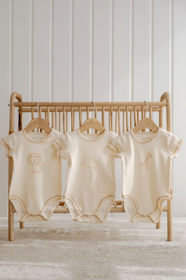 %100 Ham Organik Pamuk 3lü Kısa Kollu Bebek Body Animal 6-9 AY - Ekru