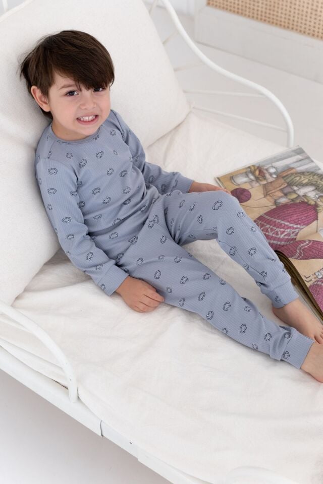 %100 Pamuk Desenli Erkek Çocuk Pijama Takımı 1 Yaş - Mavi