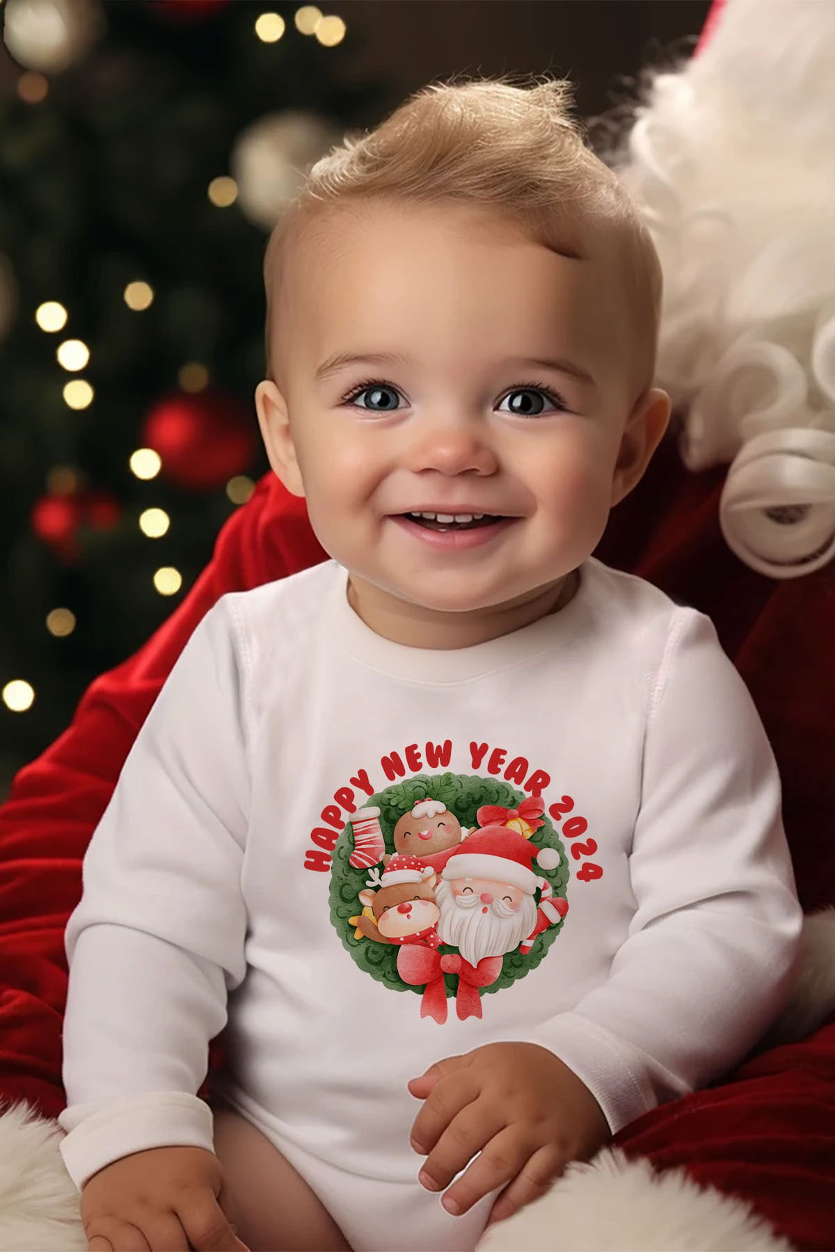 Liilabio %100 Organik Pamuk Uzun Kollu Yılbaşı Temalı Bebek Body Beyaz - 18-24 AY