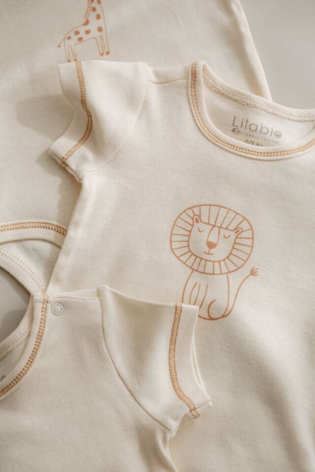 %100 Ham Organik Pamuk 3lü Kısa Kollu Bebek Body Animal 0-3 AY - Ekru