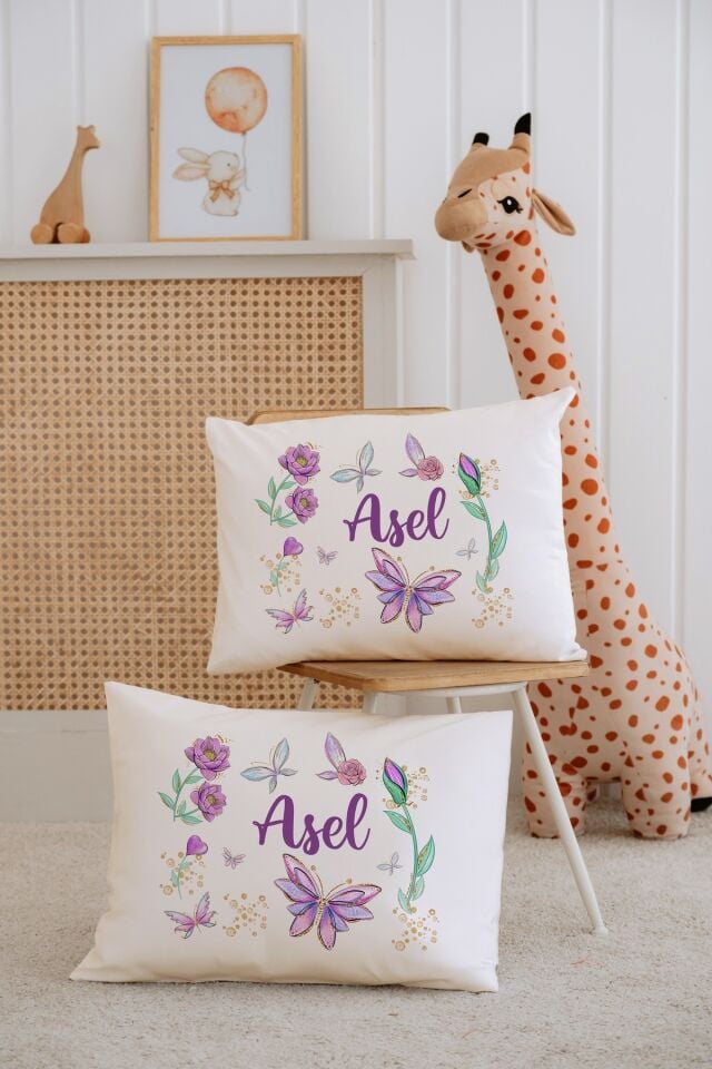 %100 Pamuk İsme Özel 2li Ekru Bebek Yastık Kılıfı 35x45 cm-Çiçek Çemberi