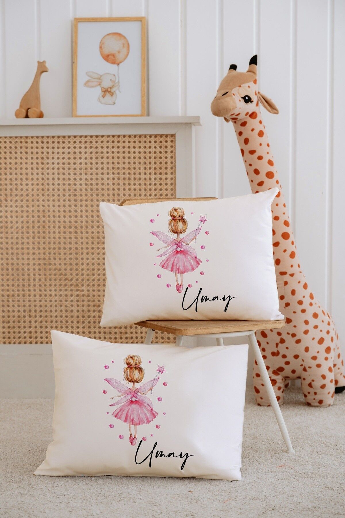 %100 Pamuk İsme Özel 2li Ekru Bebek Yastık Kılıfı 35x45 cm-Peri Kızı