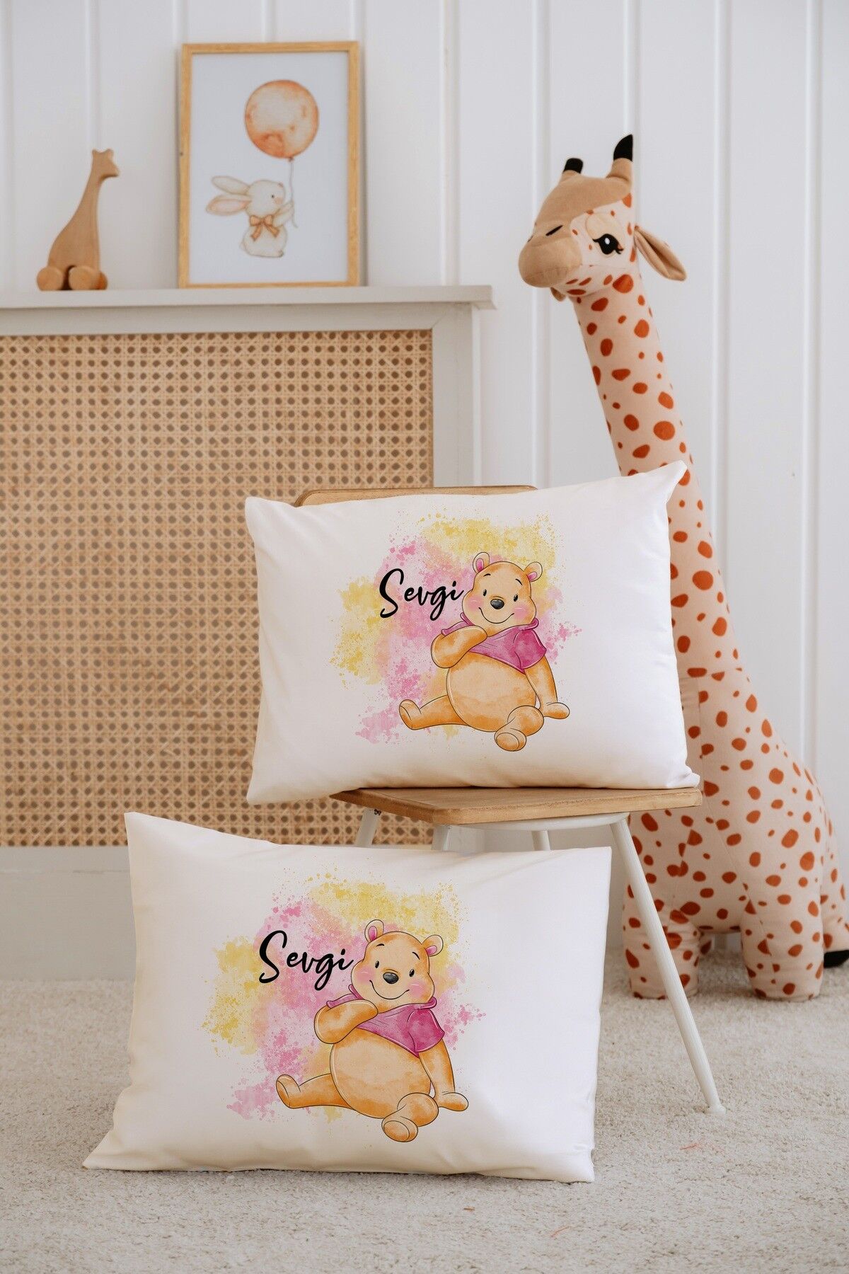 %100 Pamuk İsme Özel 2li Ekru Bebek Yastık Kılıfı 35x45 cm-Winnie The Pooh