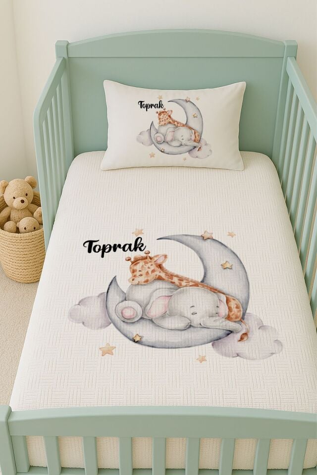 %100 Pamuk İsme Özel İsimli 100x150 cm Pike Seti Fil ve Zürafa