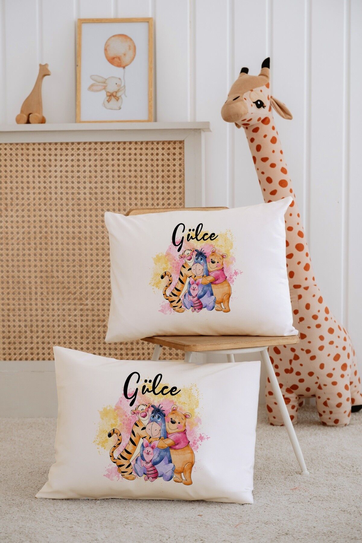 %100 Pamuk İsme Özel 2li Ekru Bebek Yastık Kılıfı 35x45 cm-Winnie The Pooh