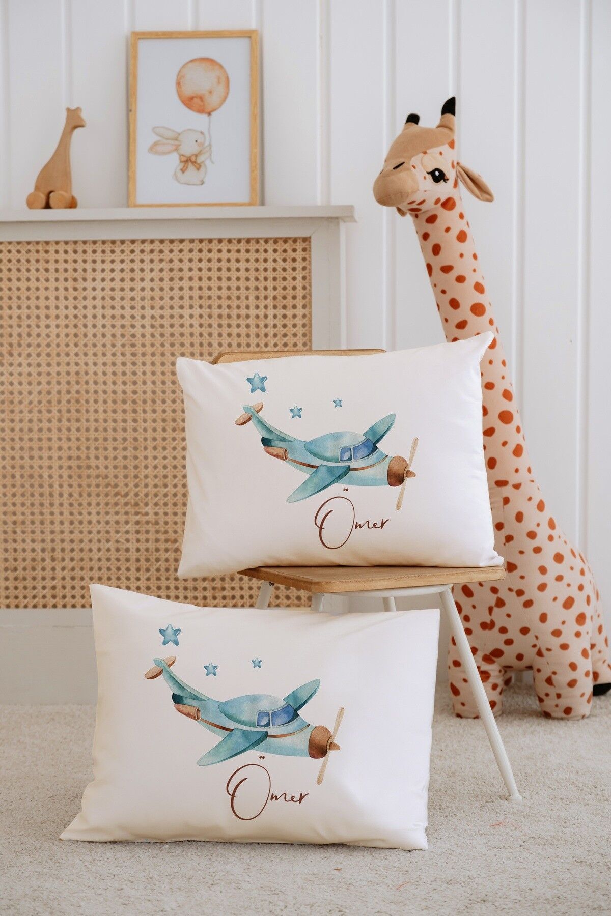 %100 Pamuk İsme Özel 2li Ekru Bebek Yastık Kılıfı 35x45 cm-Uçak