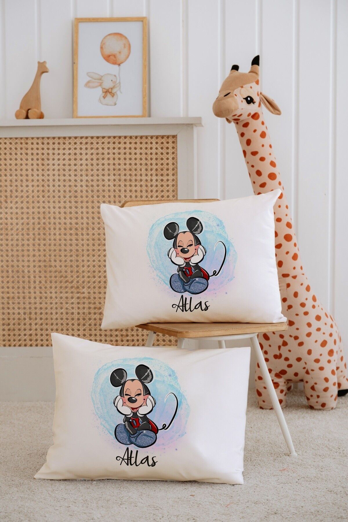 %100 Pamuk İsme Özel 2li Ekru Bebek Yastık Kılıfı 35x45 cm-Mickey Mouse