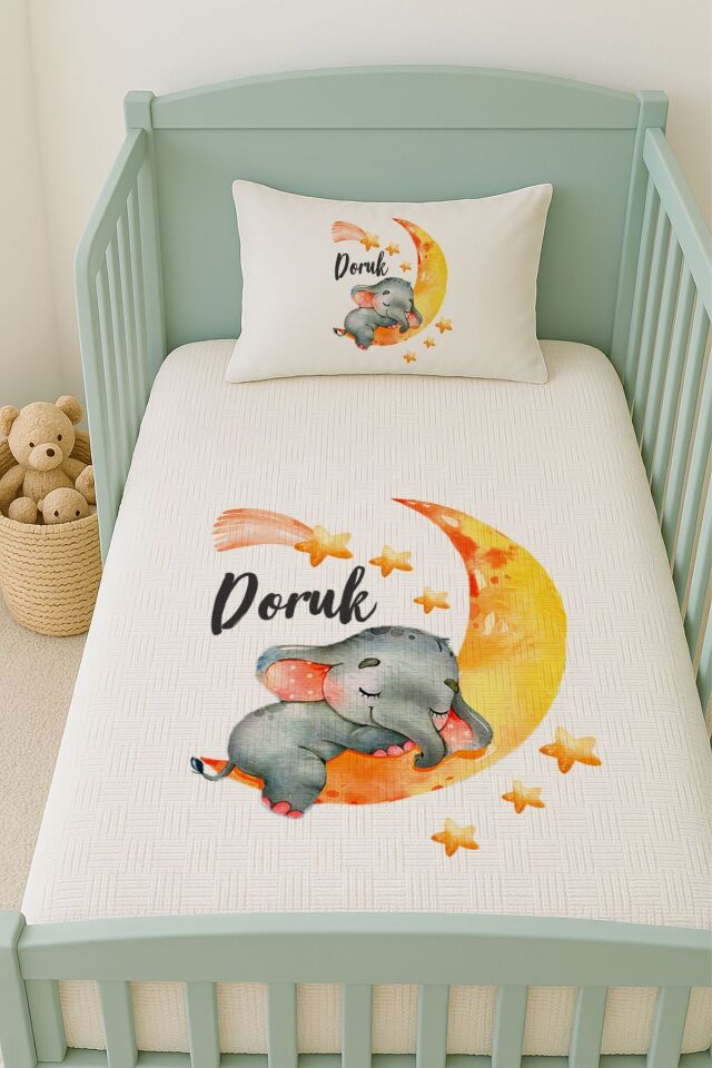 %100 Pamuk İsme Özel İsimli 100x150 cm Pike Seti Uykucu Fil