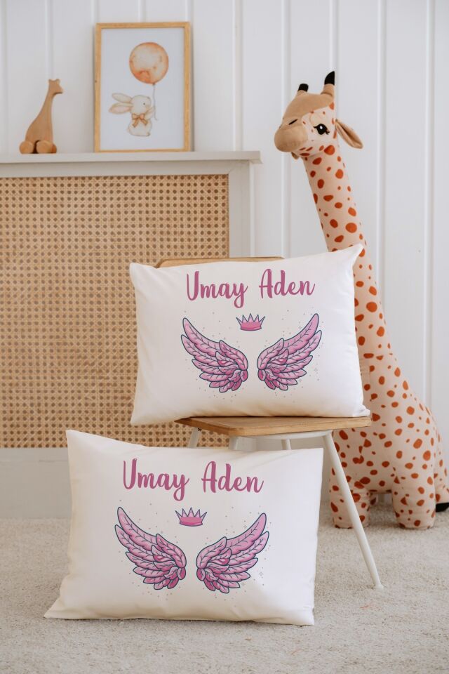 %100 Pamuk İsme Özel 2li Ekru Bebek Yastık Kılıfı 35x45 cm-Pembe Kanat Ekru