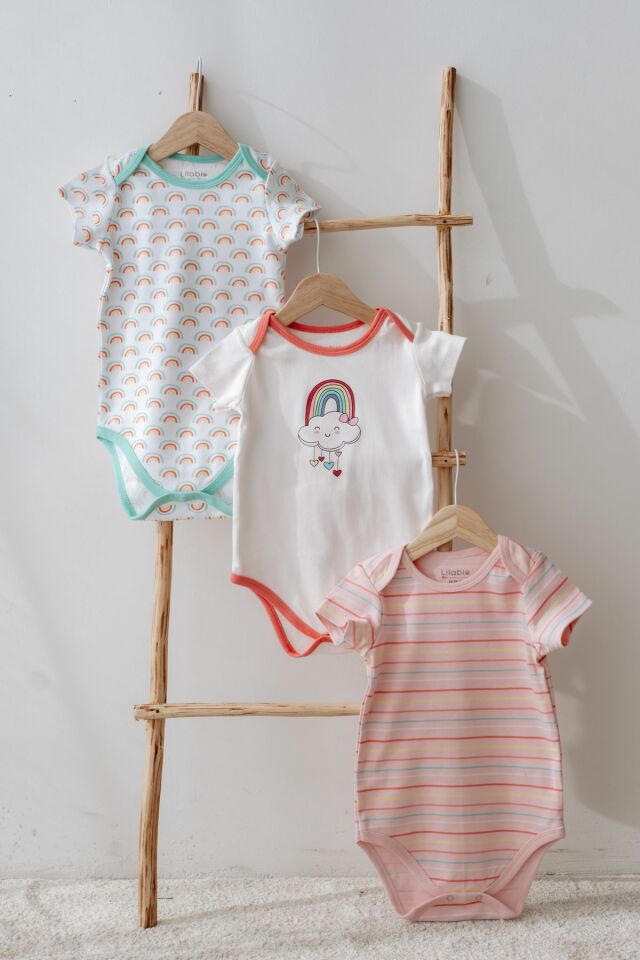 %100 Pamuk 3lü Kısa Kollu Bebek Body Gökkuşağı