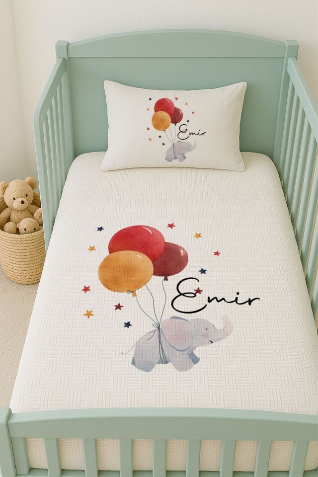%100 Pamuk İsme Özel İsimli 100x150 cm Pike Seti Renkli Balonlu Fil