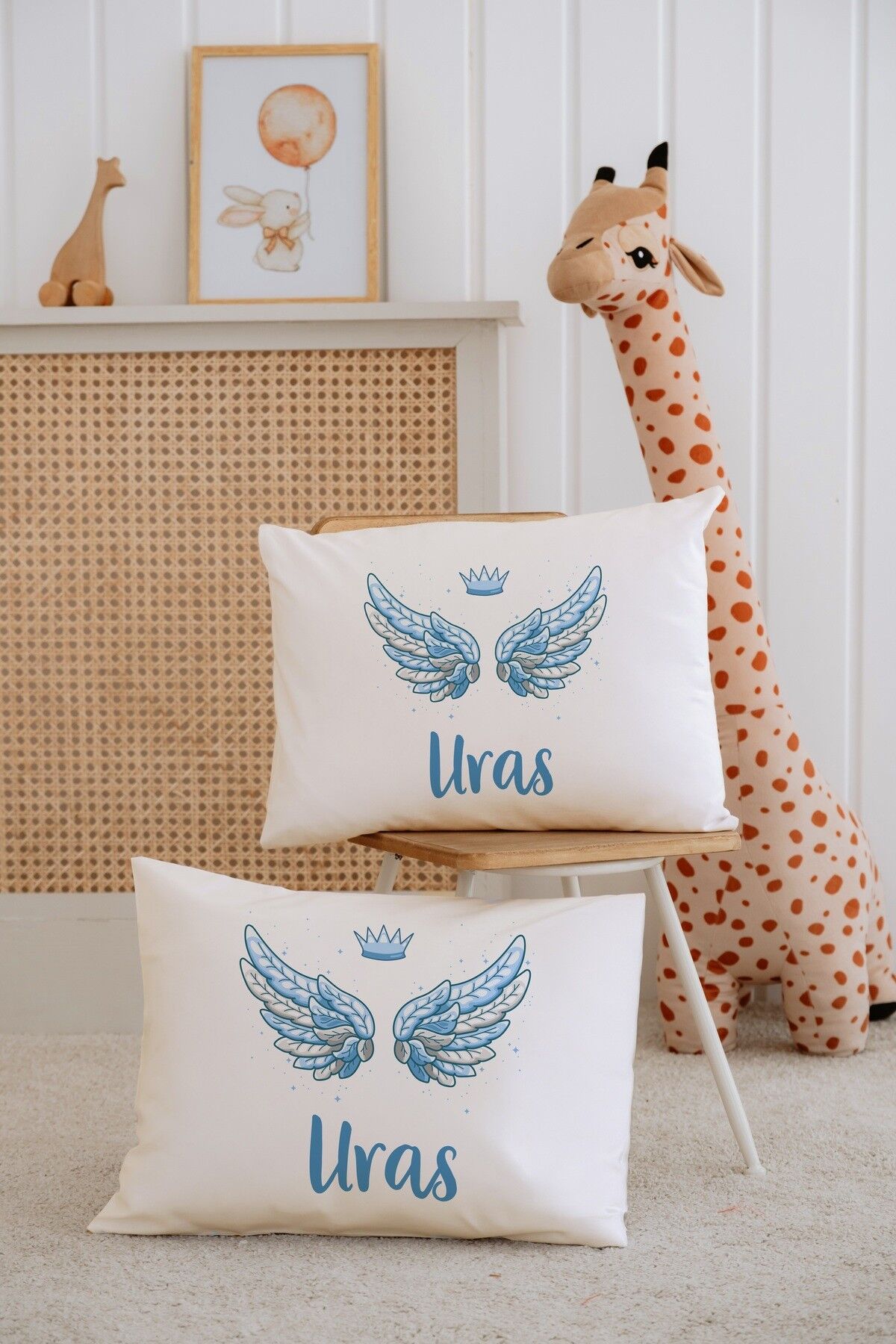 %100 Pamuk İsme Özel 2li Ekru Bebek Yastık Kılıfı 35x45 cm-Mavi Kanat