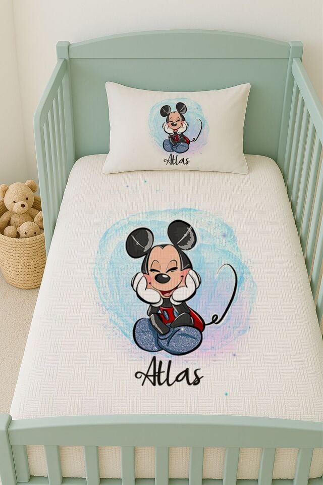 %100 Pamuk İsme Özel İsimli 100x150 cm Pike Seti Mutlu Mickey