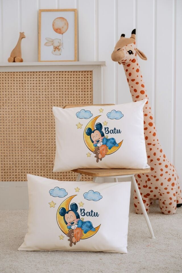 %100 Pamuk İsme Özel 2li Ekru Bebek Yastık Kılıfı 35x45 cm-Mickey Mouse