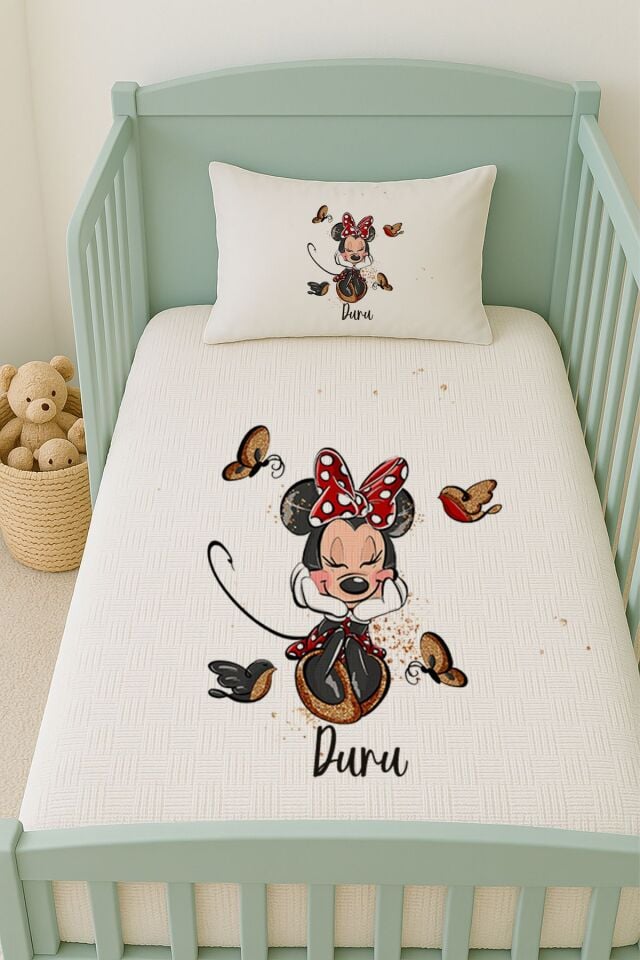 %100 Pamuk İsme Özel İsimli 100x150 cm Pike Seti Minnie ve Kuşlar
