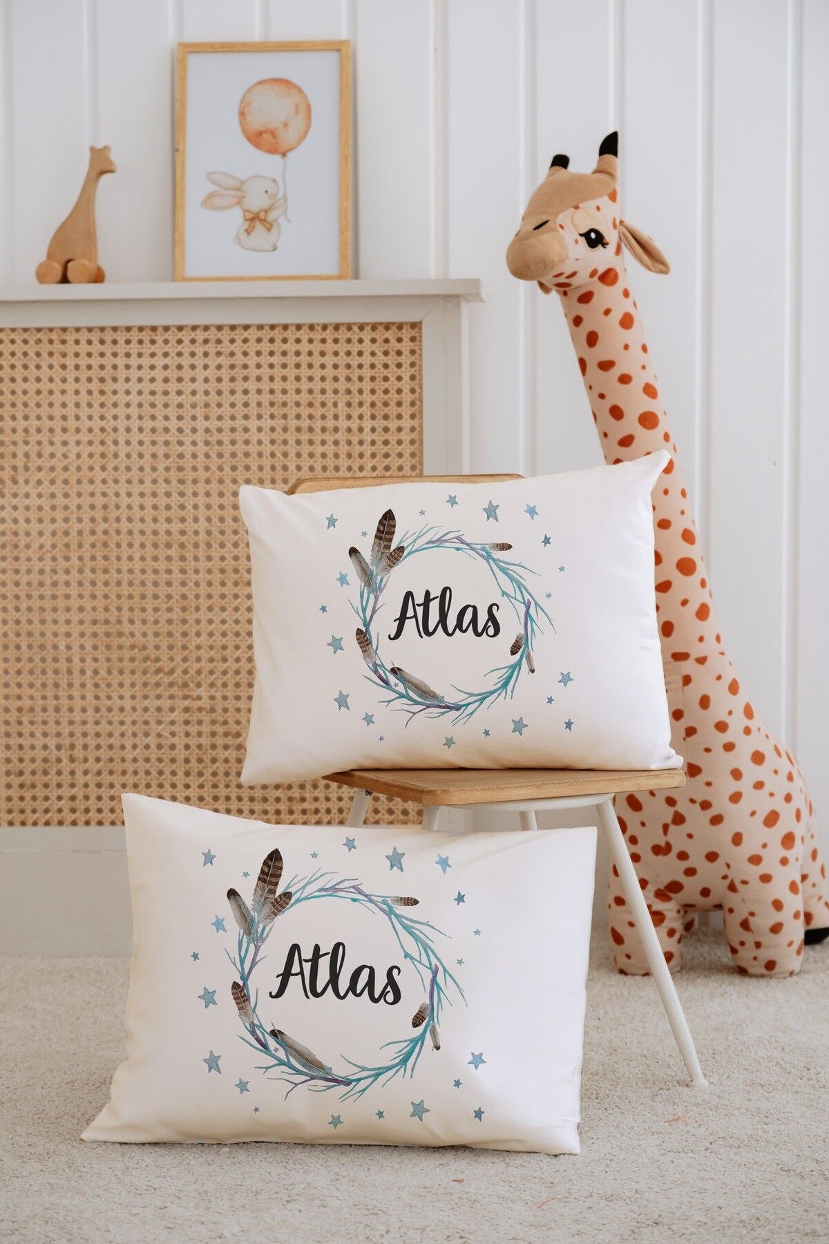 %100 Pamuk İsme Özel 2li Ekru Bebek Yastık Kılıfı 35x45 cm-Tüy Çemberi