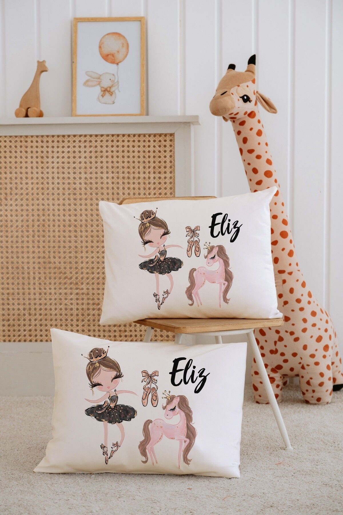 %100 Pamuk İsme Özel 2li Ekru Bebek Yastık Kılıfı 35x45 cm-Balerin